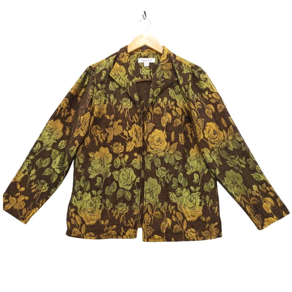 Coldwater‎ Creek Women's Medium Floral Brocade Blazer Jacket Brown Green Gold